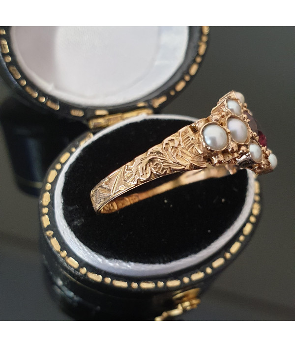 Crimson Heart: Victorian Garnet and Pearl Ring in 15K Yellow Gold