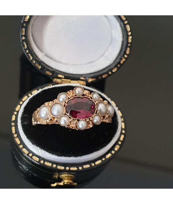 Crimson Heart: Victorian Garnet and Pearl Ring in 15K Yellow Gold