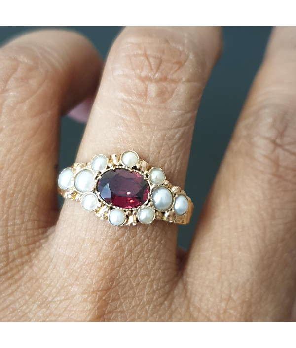 Crimson Heart: Victorian Garnet and Pearl Ring in 15K Yellow Gold