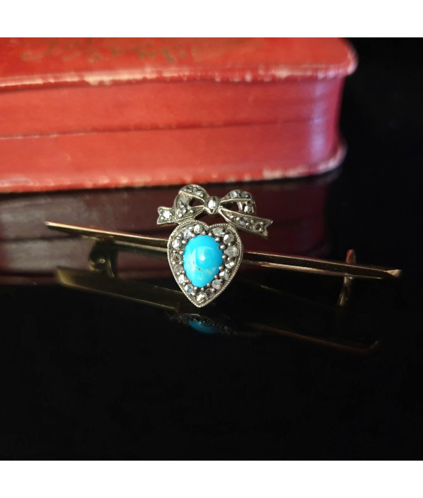 Victorian Heart Brooch with Turquoise and Diamond in Silver and Gold Victorian Heart Brooch with Turquoise and Diamond in Silver and Gold