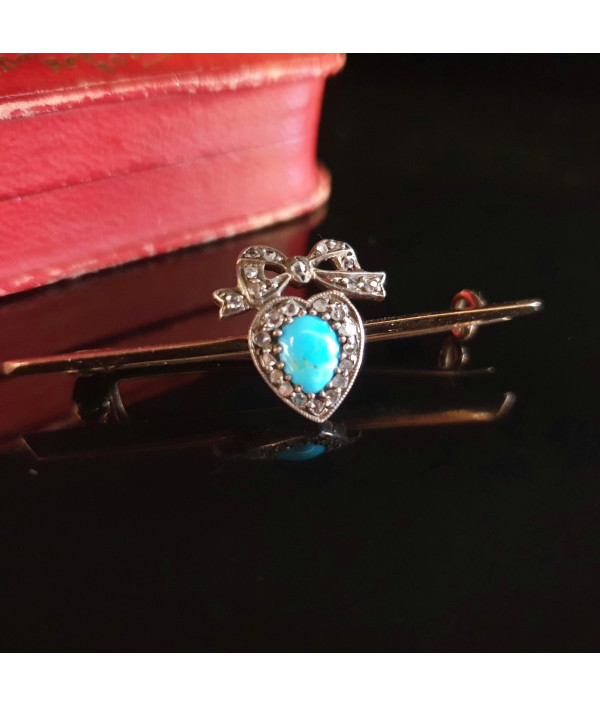 Victorian Heart Brooch with Turquoise and Diamond in Silver and Gold Victorian Heart Brooch with Turquoise and Diamond in Silver and Gold