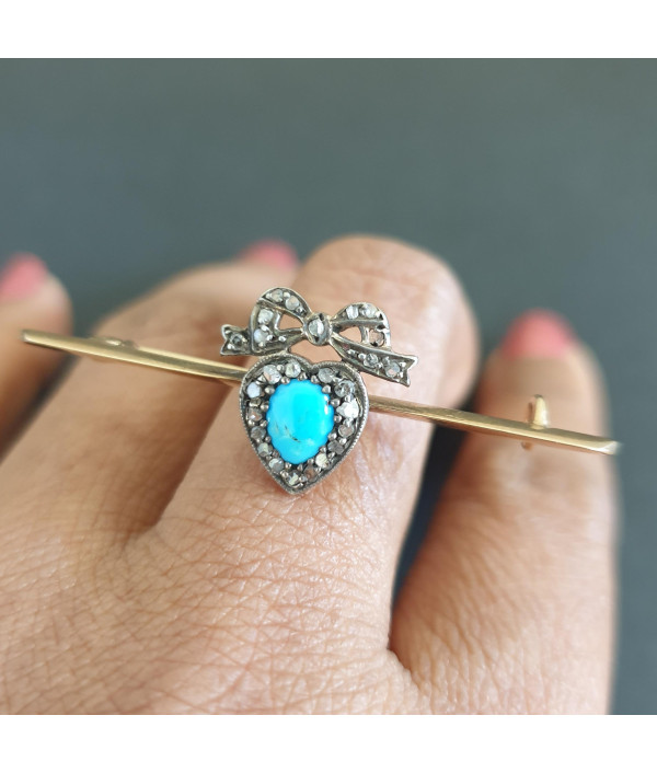 Victorian Heart Brooch with Turquoise and Diamond in Silver and Gold Victorian Heart Brooch with Turquoise and Diamond in Silver and Gold