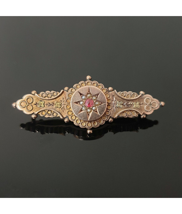 Nautical Star: Victorian Bar Brooch with Ruby and Pearl in 9K Rose Gold Nautical Star: Victorian Bar Brooch with Ruby and Pearl in 9K Rose Gold