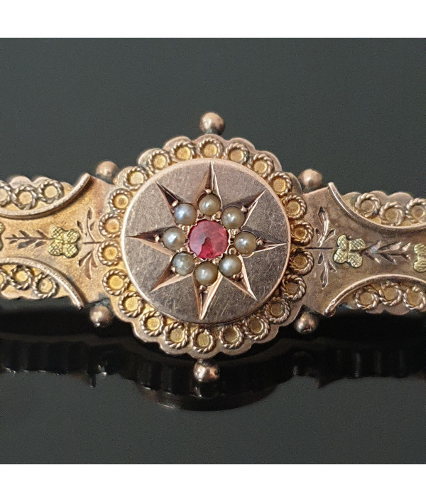 Nautical Star: Victorian Bar Brooch with Ruby and Pearl in 9K Rose Gold Nautical Star: Victorian Bar Brooch with Ruby and Pearl in 9K Rose Gold