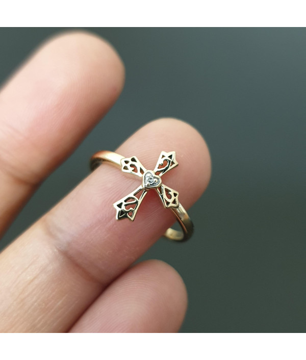 The Dainty Cross: Diamond cross ring in 9k Yellow Gold The Dainty Cross: Diamond cross ring in 9k Yellow Gold