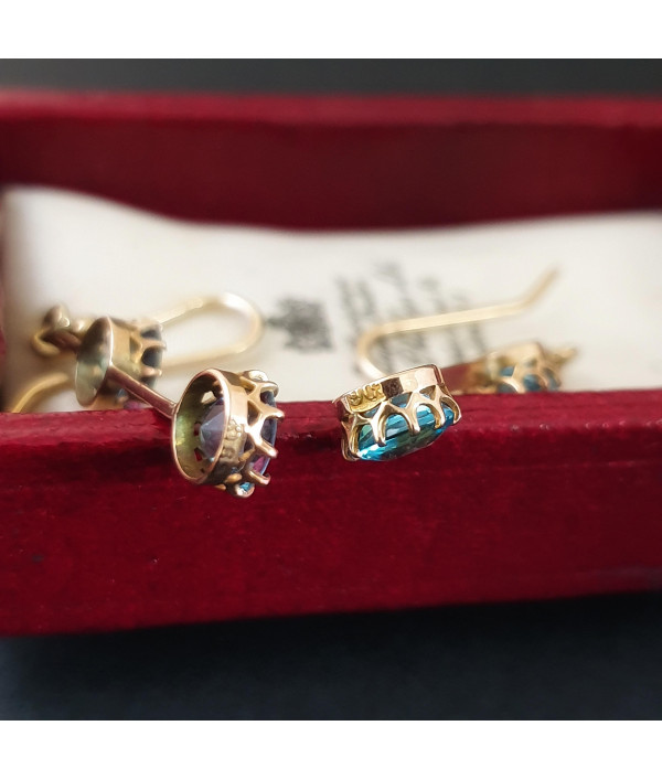 Sky Blue Garnet Topped Doublet Earrings in 9K Yellow Gold C.1915