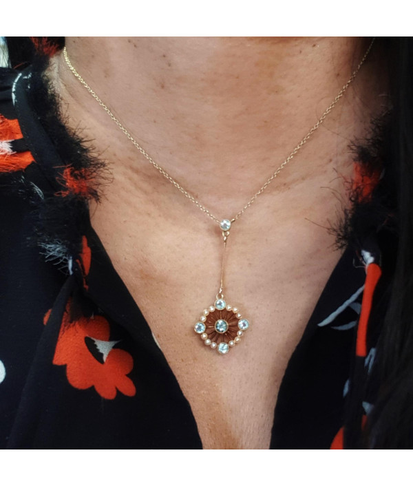 SOLD! Edwardian Aquamarine and Pearl Lavaliere Necklace in 15ct Gold SOLD! Edwardian Aquamarine and Pearl Lavaliere Necklace in 15ct Gold