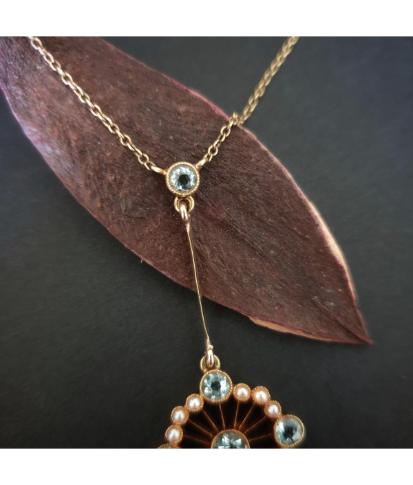 SOLD! Edwardian Aquamarine and Pearl Lavaliere Necklace in 15ct Gold SOLD! Edwardian Aquamarine and Pearl Lavaliere Necklace in 15ct Gold