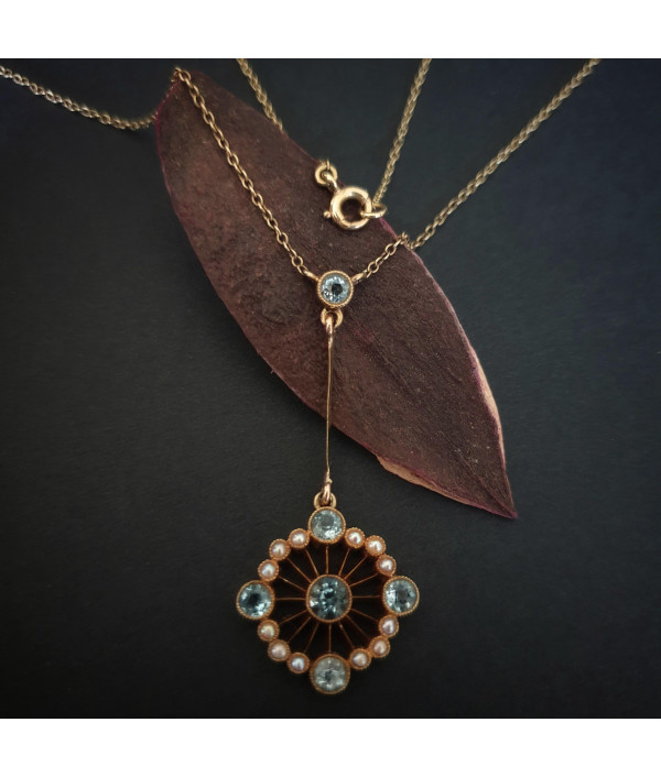 SOLD! Edwardian Aquamarine and Pearl Lavaliere Necklace in 15ct Gold SOLD! Edwardian Aquamarine and Pearl Lavaliere Necklace in 15ct Gold