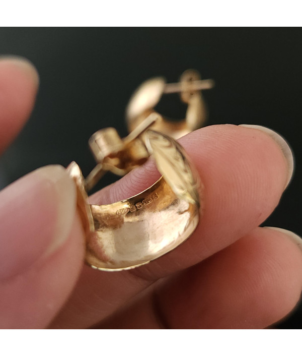 1970's Half Hoop 9 karat Gold Earrings with Engraved Detail 1970's Half Hoop 9 karat Gold Earrings with Engraved Detail