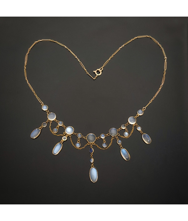 Edwardian Moonstone Festoon Necklace in 9K Yellow Gold Edwardian Moonstone Festoon Necklace in 9K Yellow Gold