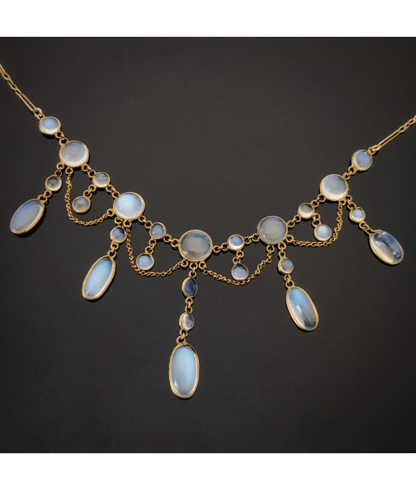 Edwardian Moonstone Festoon Necklace in 9K Yellow Gold Edwardian Moonstone Festoon Necklace in 9K Yellow Gold