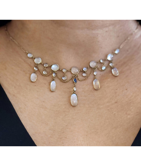 Edwardian Moonstone Festoon Necklace in 9K Yellow Gold Edwardian Moonstone Festoon Necklace in 9K Yellow Gold
