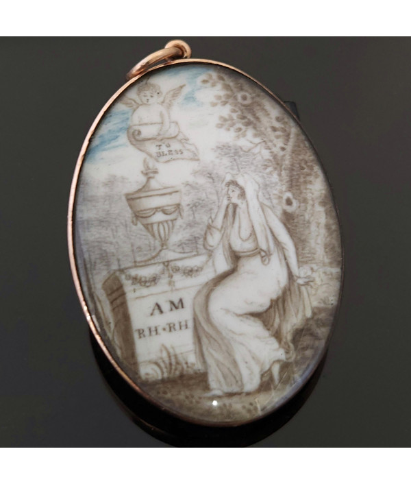 Georgian Sepia Painted Mourning Pendant Brooch in 9K Gold