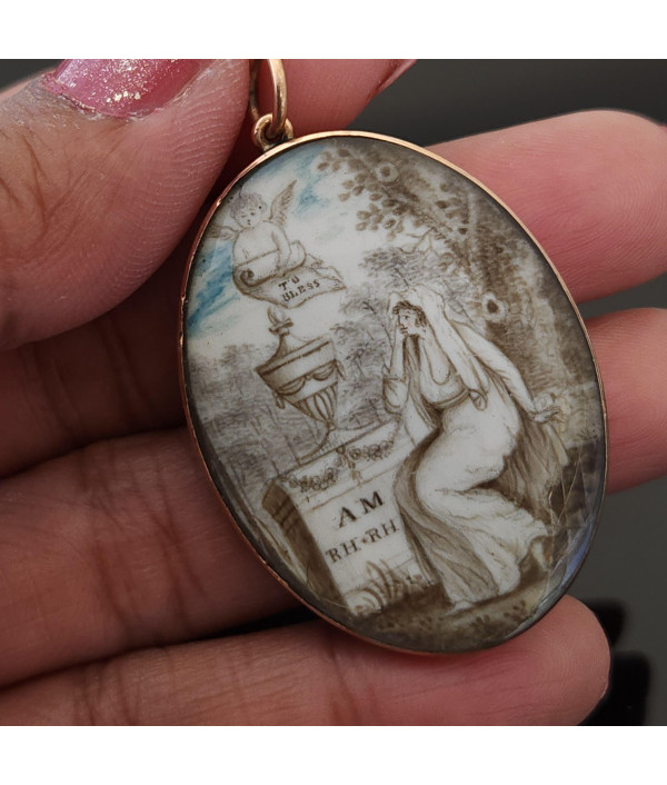 Georgian Sepia Painted Mourning Pendant Brooch in 9K Gold