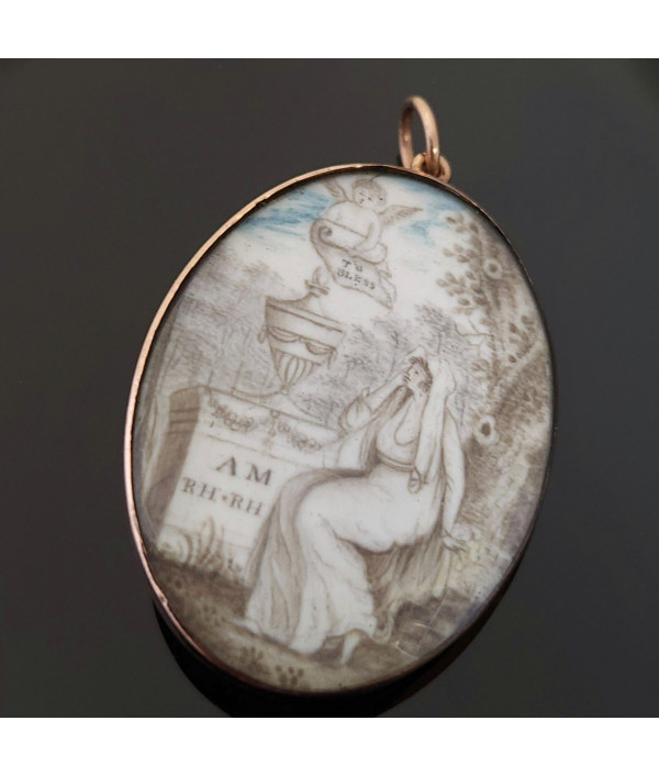 Georgian Sepia Painted Mourning Pendant Brooch in 9K Gold