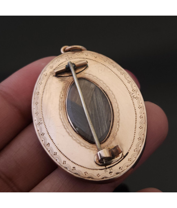 Georgian Sepia Painted Mourning Pendant Brooch in 9K Gold