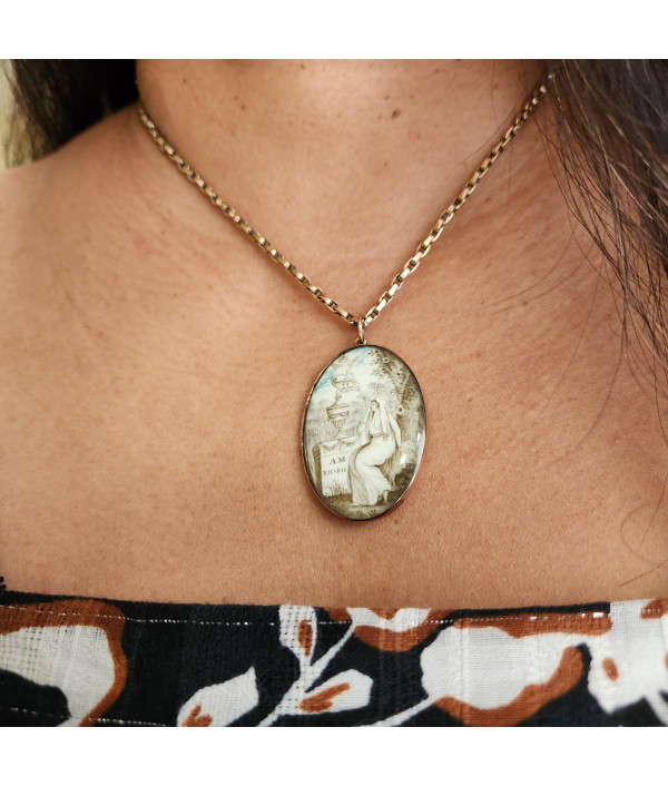 Georgian Sepia Painted Mourning Pendant Brooch in 9K Gold