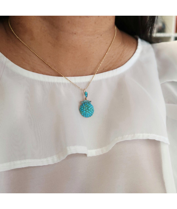 Victorian Pavé Set Turquoise Pendant in 9k Yellow Gold