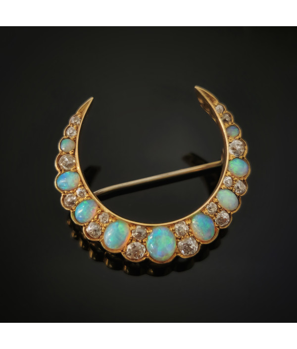Victorian Crescent Moon Brooch with Australian Opals and Diamonds in 15K Gold Victorian Crescent Moon Brooch with Australian Opals and Diamonds in 15K Gold