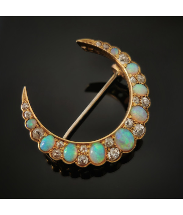 Victorian Crescent Moon Brooch with Australian Opals and Diamonds in 15K Gold Victorian Crescent Moon Brooch with Australian Opals and Diamonds in 15K Gold