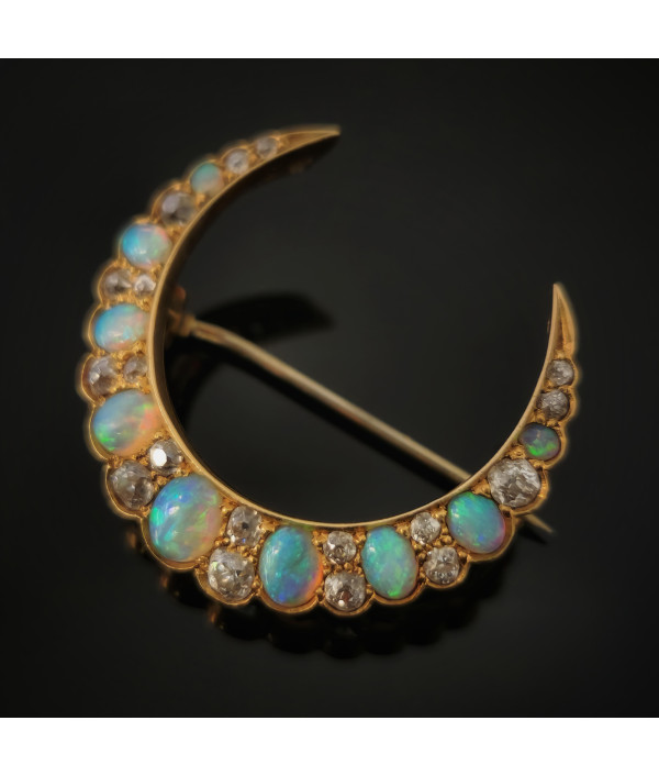 Victorian Crescent Moon Brooch with Australian Opals and Diamonds in 15K Gold Victorian Crescent Moon Brooch with Australian Opals and Diamonds in 15K Gold