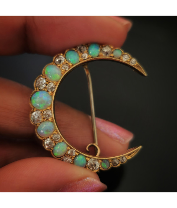 Victorian Crescent Moon Brooch with Australian Opals and Diamonds in 15K Gold Victorian Crescent Moon Brooch with Australian Opals and Diamonds in 15K Gold