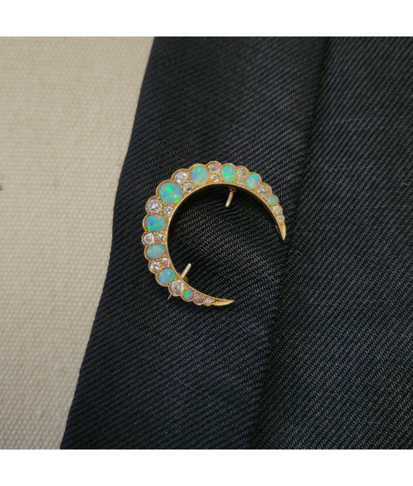 Victorian Crescent Moon Brooch with Australian Opals and Diamonds in 15K Gold Victorian Crescent Moon Brooch with Australian Opals and Diamonds in 15K Gold