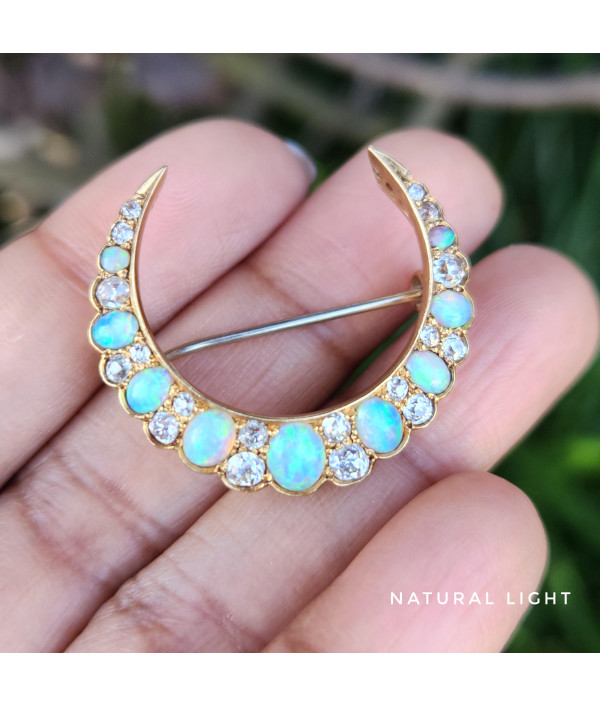 Victorian Crescent Moon Brooch with Australian Opals and Diamonds in 15K Gold Victorian Crescent Moon Brooch with Australian Opals and Diamonds in 15K Gold
