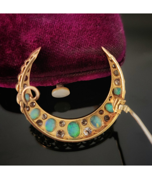 Victorian Crescent Moon Brooch with Australian Opals and Diamonds in 15K Gold Victorian Crescent Moon Brooch with Australian Opals and Diamonds in 15K Gold