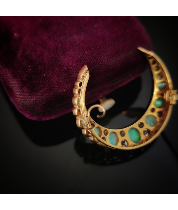 Victorian Crescent Moon Brooch with Australian Opals and Diamonds in 15K Gold Victorian Crescent Moon Brooch with Australian Opals and Diamonds in 15K Gold