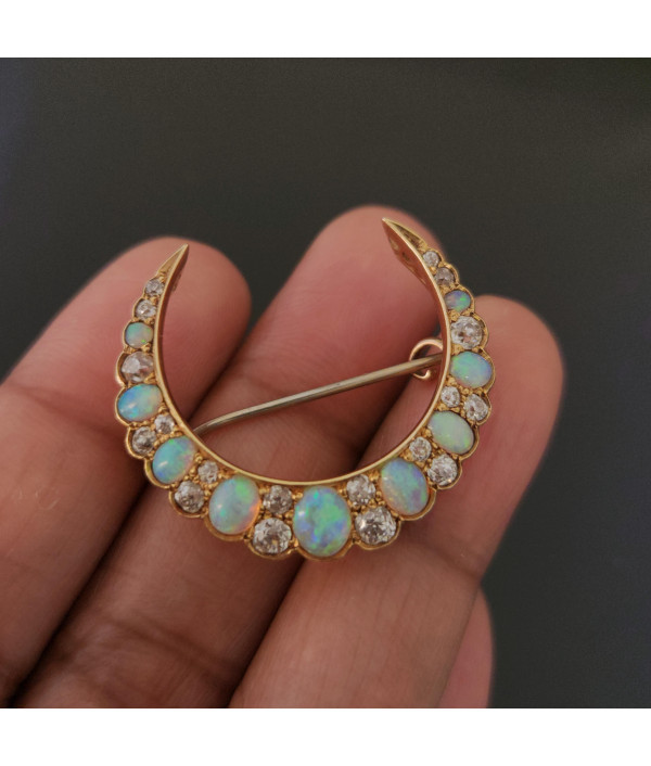 Victorian Crescent Moon Brooch with Australian Opals and Diamonds in 15K Gold Victorian Crescent Moon Brooch with Australian Opals and Diamonds in 15K Gold
