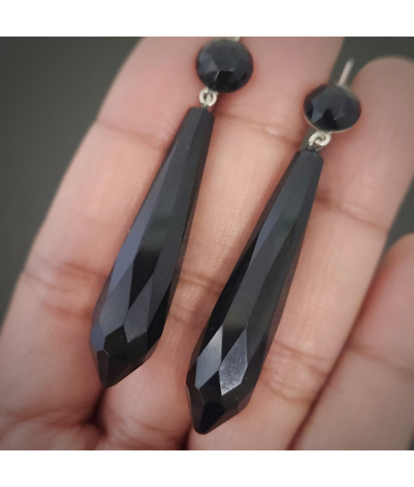 Antique Faceted French Jet Drop Earrings Circa 1910 in Sterling Silver Antique Faceted French Jet Drop Earrings Circa 1910 in Sterling Silver