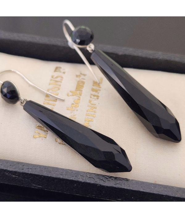 Antique Faceted French Jet Drop Earrings Circa 1910 in Sterling Silver Antique Faceted French Jet Drop Earrings Circa 1910 in Sterling Silver
