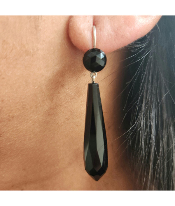 Antique Faceted French Jet Drop Earrings Circa 1910 in Sterling Silver Antique Faceted French Jet Drop Earrings Circa 1910 in Sterling Silver