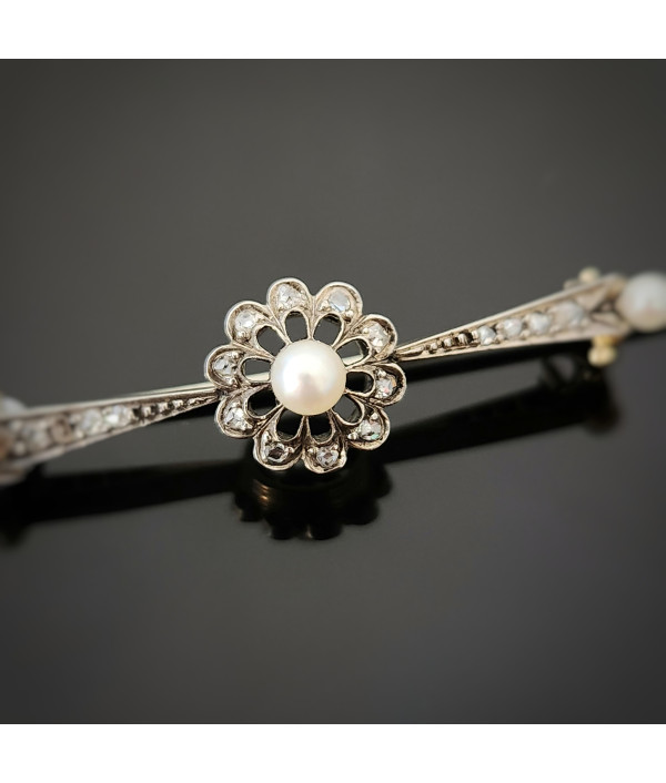 Belle Époque Pearl & Rose-Cut Diamond Brooch in Silver, Platinum & 14k Gold Belle Époque Pearl & Rose-Cut Diamond Brooch in Silver, Platinum & 14k Gold