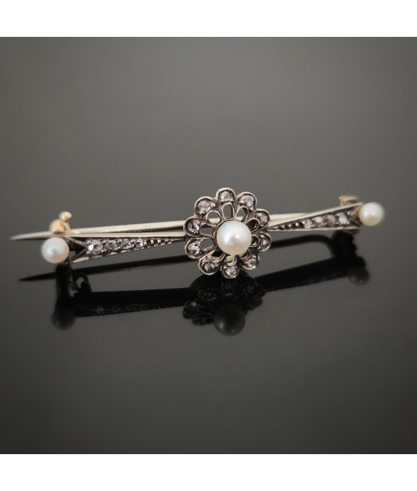 Belle Époque Pearl & Rose-Cut Diamond Brooch in Silver, Platinum & 14k Gold Belle Époque Pearl & Rose-Cut Diamond Brooch in Silver, Platinum & 14k Gold