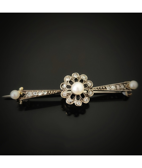 Belle Époque Pearl & Rose-Cut Diamond Brooch in Silver, Platinum & 14k Gold Belle Époque Pearl & Rose-Cut Diamond Brooch in Silver, Platinum & 14k Gold