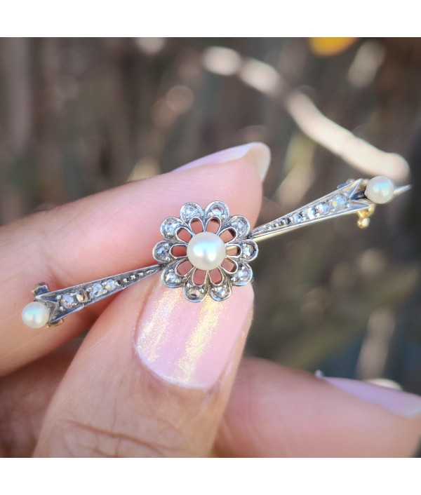 Belle Époque Pearl & Rose-Cut Diamond Brooch in Silver, Platinum & 14k Gold Belle Époque Pearl & Rose-Cut Diamond Brooch in Silver, Platinum & 14k Gold