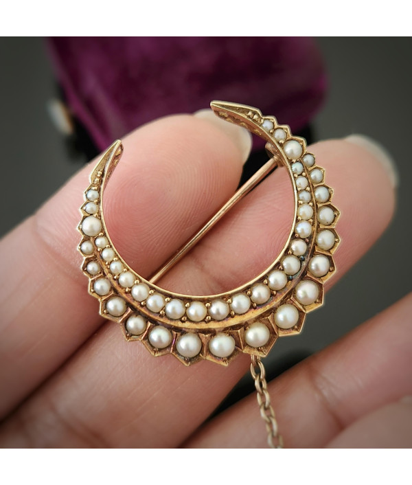 Victorian 18ct Gold Pearl Crescent Moon Brooch – c.1890 Victorian 18ct Gold Pearl Crescent Moon Brooch – c.1890