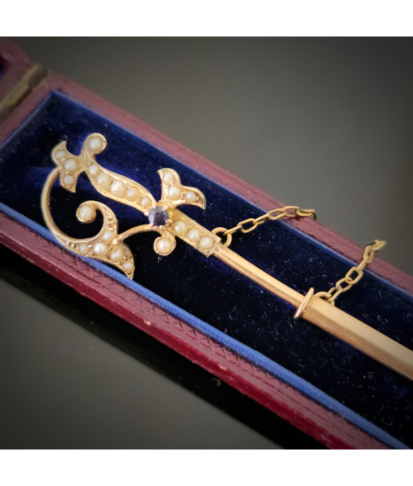 Antique 15ct Gold Jabot Pin with Seed Pearls & Sapphire Paste Antique 15ct Gold Jabot Pin with Seed Pearls & Sapphire Paste