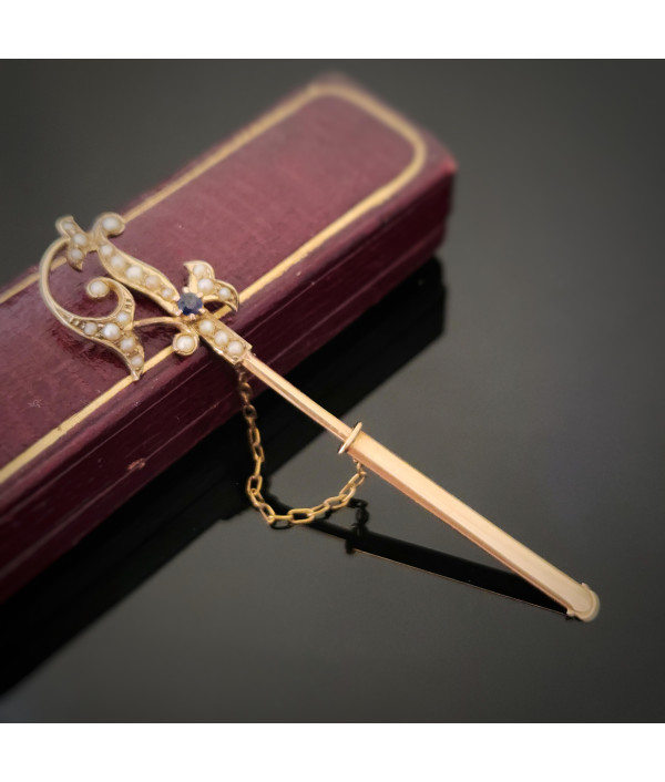 Antique 15ct Gold Jabot Pin with Seed Pearls & Sapphire Paste Antique 15ct Gold Jabot Pin with Seed Pearls & Sapphire Paste