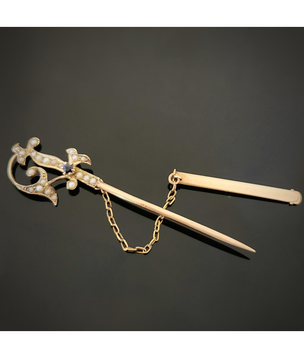 Antique 15ct Gold Jabot Pin with Seed Pearls & Sapphire Paste Antique 15ct Gold Jabot Pin with Seed Pearls & Sapphire Paste