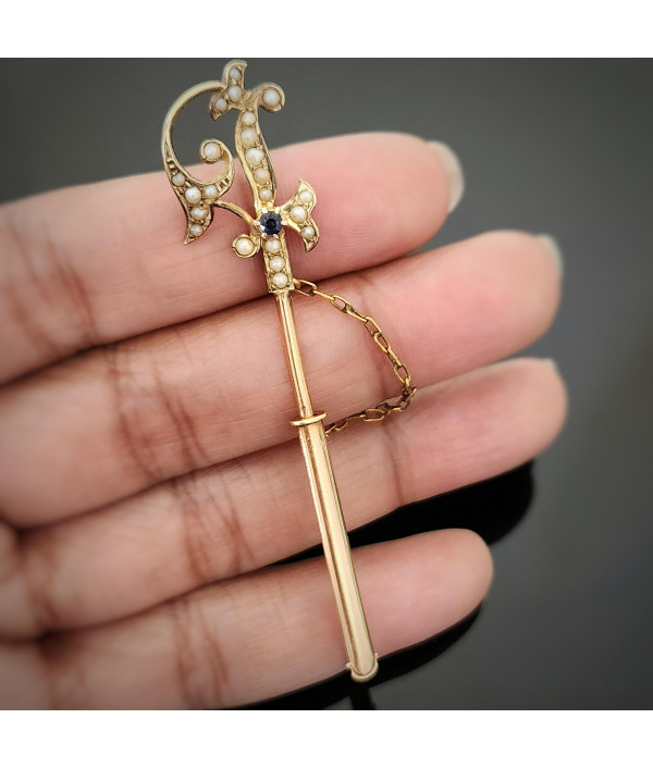 Antique 15ct Gold Jabot Pin with Seed Pearls & Sapphire Paste Antique 15ct Gold Jabot Pin with Seed Pearls & Sapphire Paste