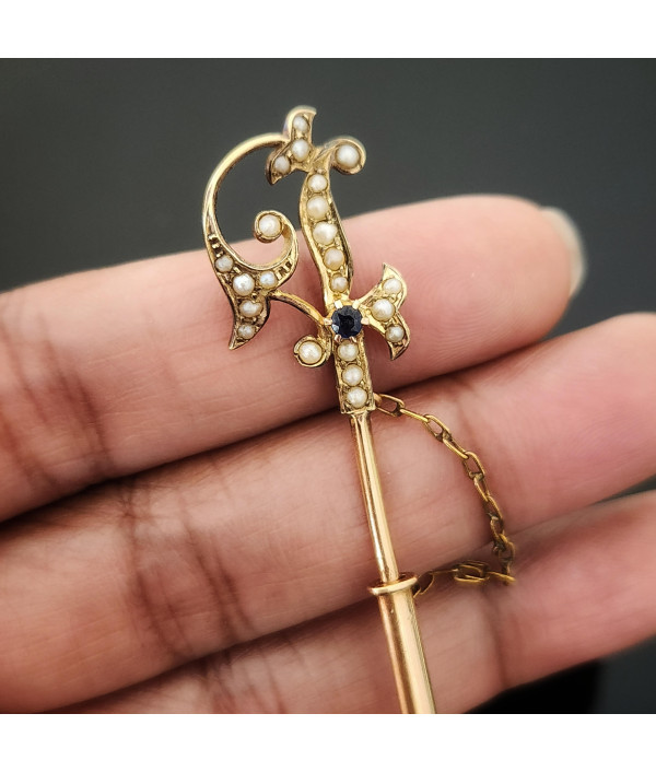Antique 15ct Gold Jabot Pin with Seed Pearls & Sapphire Paste Antique 15ct Gold Jabot Pin with Seed Pearls & Sapphire Paste