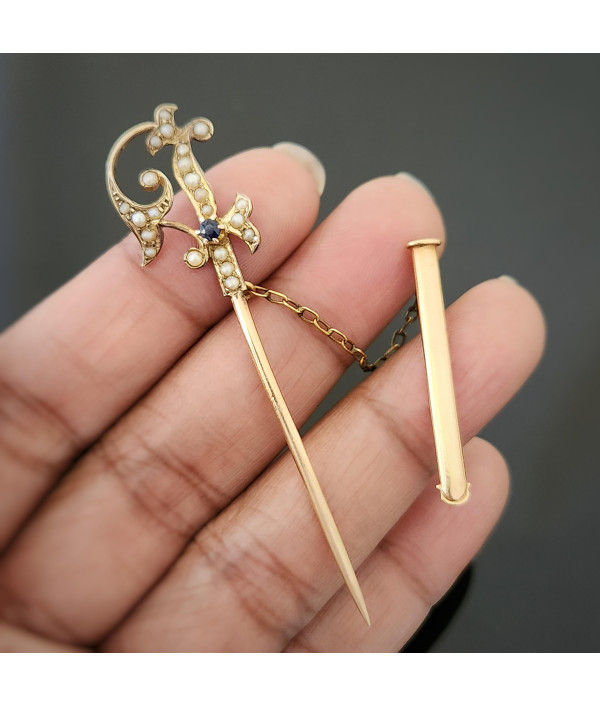 Antique 15ct Gold Jabot Pin with Seed Pearls & Sapphire Paste Antique 15ct Gold Jabot Pin with Seed Pearls & Sapphire Paste