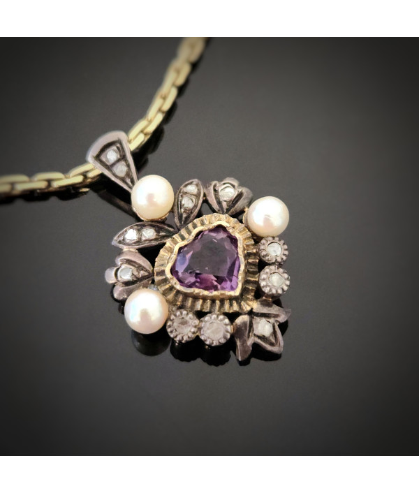 Early 20th Century Amethyst, Pearl & Rose-Cut Diamond Pendant in 15ct Gold and Silver Early 20th Century Amethyst, Pearl & Rose-Cut Diamond Pendant in 15ct Gold and Silver