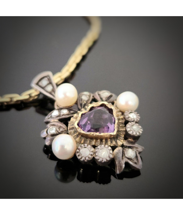 Early 20th Century Amethyst, Pearl & Rose-Cut Diamond Pendant in 15ct Gold and Silver Early 20th Century Amethyst, Pearl & Rose-Cut Diamond Pendant in 15ct Gold and Silver
