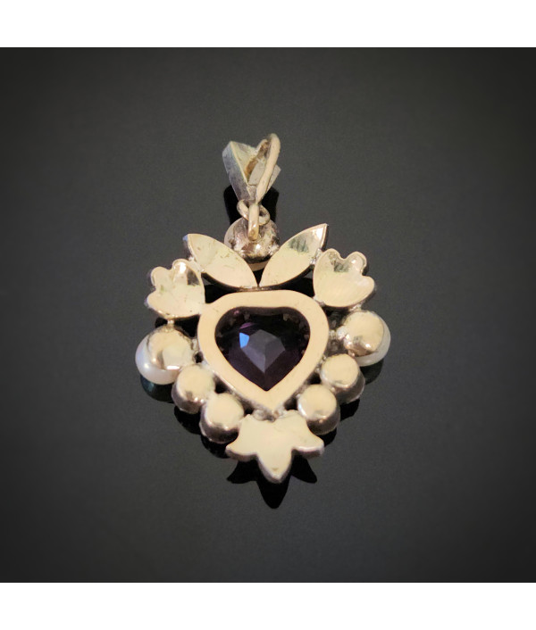 Early 20th Century Amethyst, Pearl & Rose-Cut Diamond Pendant in 15ct Gold and Silver Early 20th Century Amethyst, Pearl & Rose-Cut Diamond Pendant in 15ct Gold and Silver