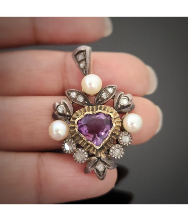 Early 20th Century Amethyst, Pearl & Rose-Cut Diamond Pendant in 15ct Gold and Silver Early 20th Century Amethyst, Pearl & Rose-Cut Diamond Pendant in 15ct Gold and Silver